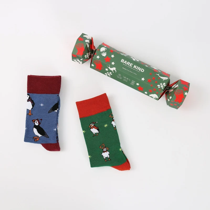 Bare Kind Kerstcracker bamboe sokken met blauwe en groene papegaaiduikerprint | 2 stuks