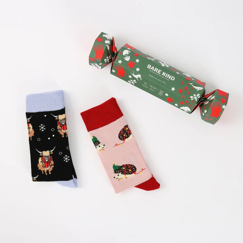 Bare Kind Kerstcracker-egel en Schotse hooglandkoe bamboe sokken | 2 stuks