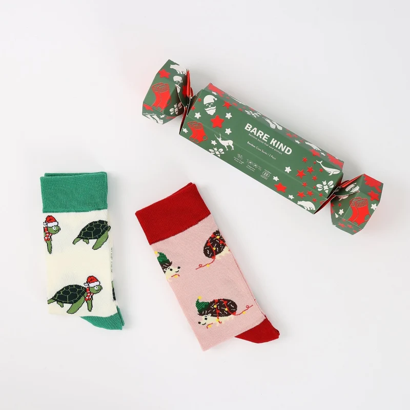 Bare Kind Kerstcracker schildpad & egel bamboe sokken | 2 stuks