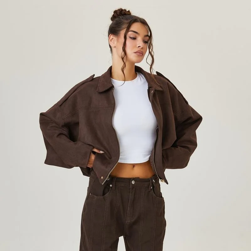 Women's Relaxed Fit Faux Suede Bomber Jacket for Stylish Comfort