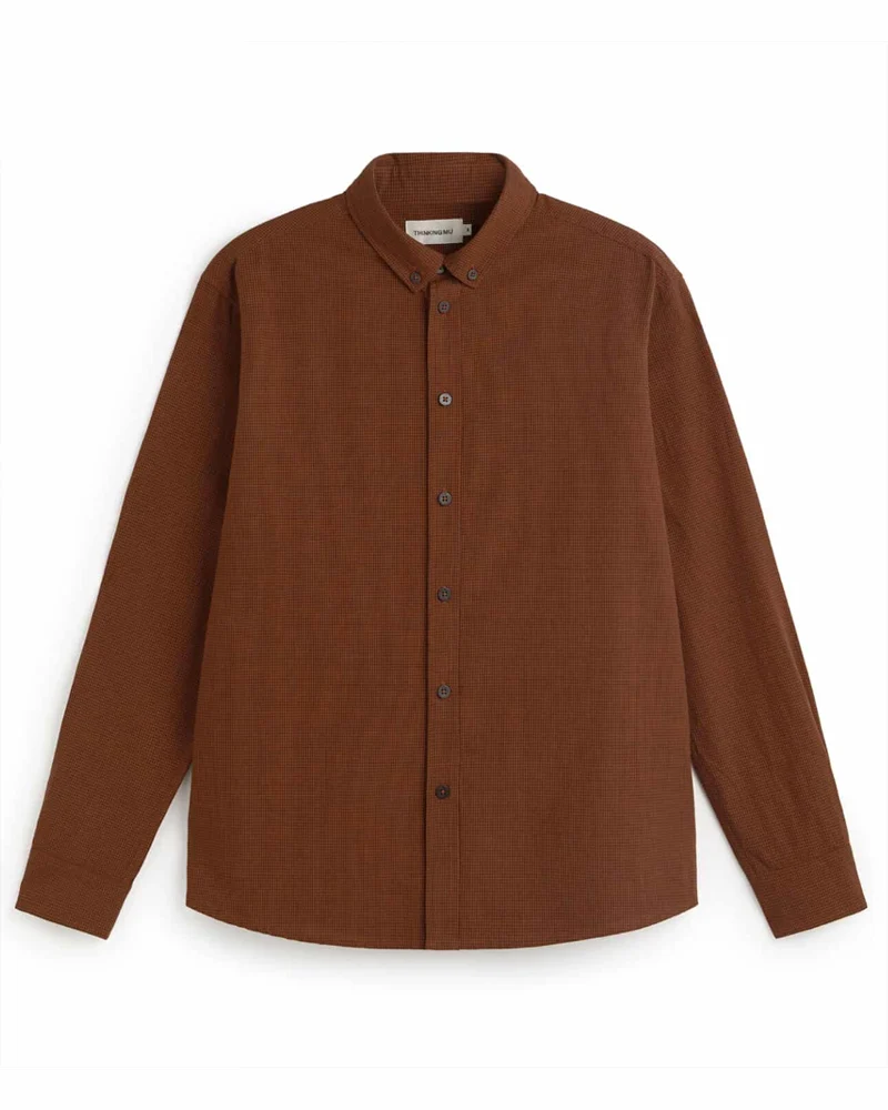 THINKING MU geruit overhemd ANT BRICK BROWN bio katoen