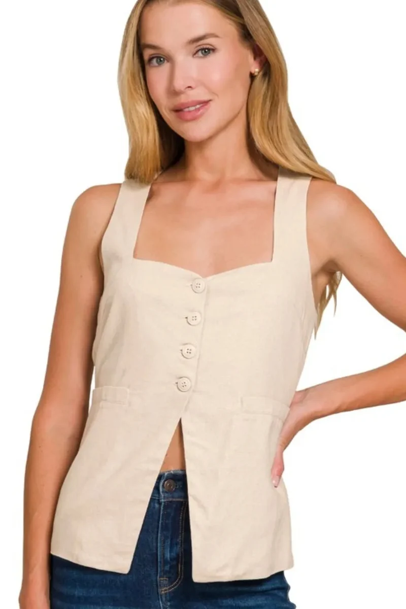 Dames Linnen Stijl Mouwloze Vest Met Strik en 4 Knopen