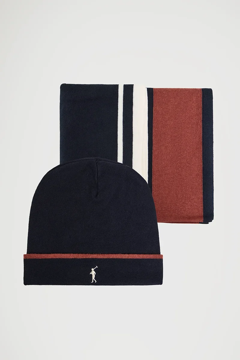 Pack de gorro y bufanda azul marino con rayas y logo Rigby go