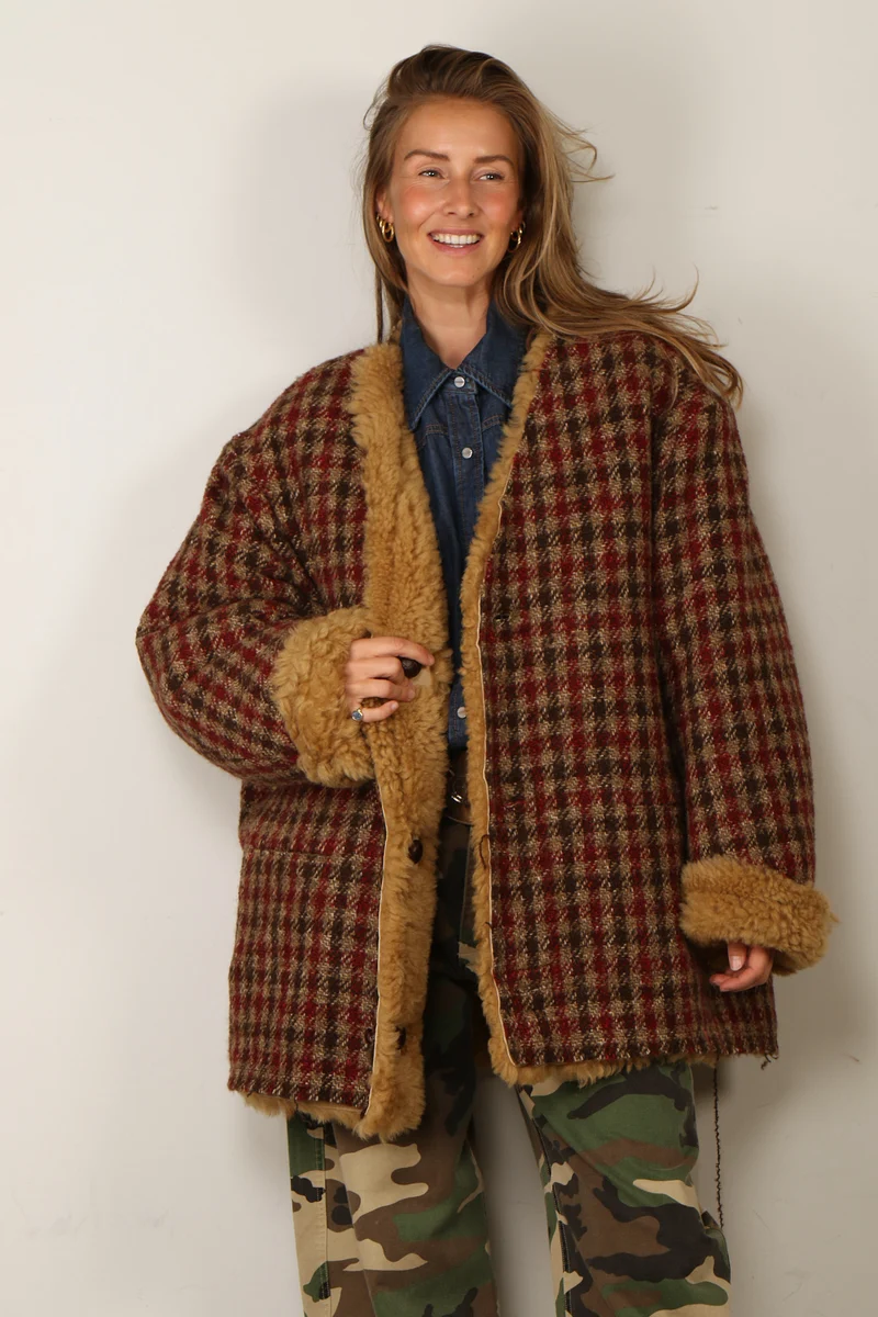 R13 - Vest - Oversized Raw Edge Woven Cardigan - Khaki Red Check