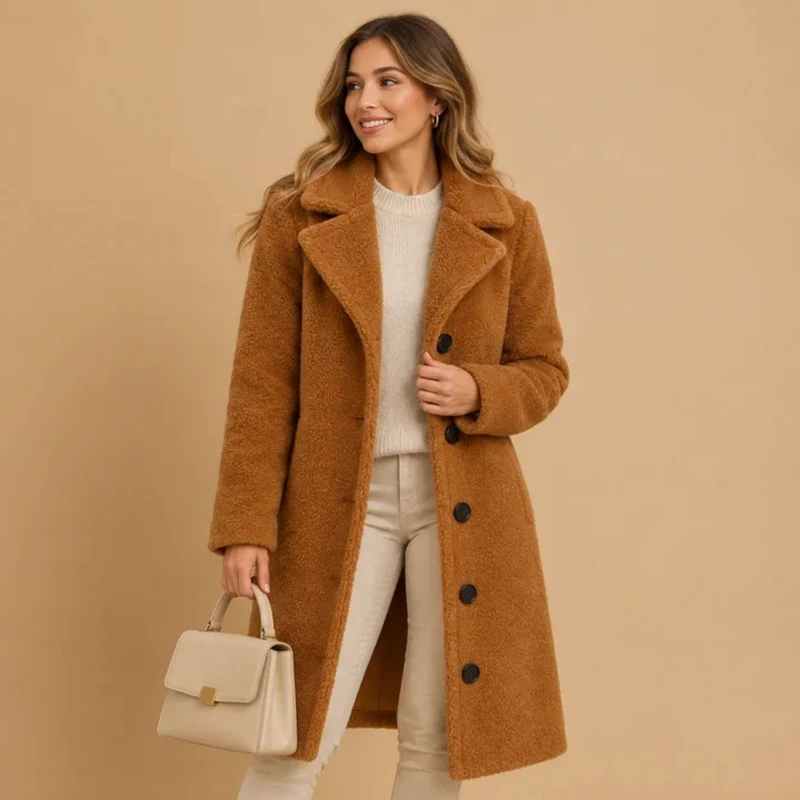 Lange Teddy Jas Dames - Knopen Met Relaxte Pasvorm