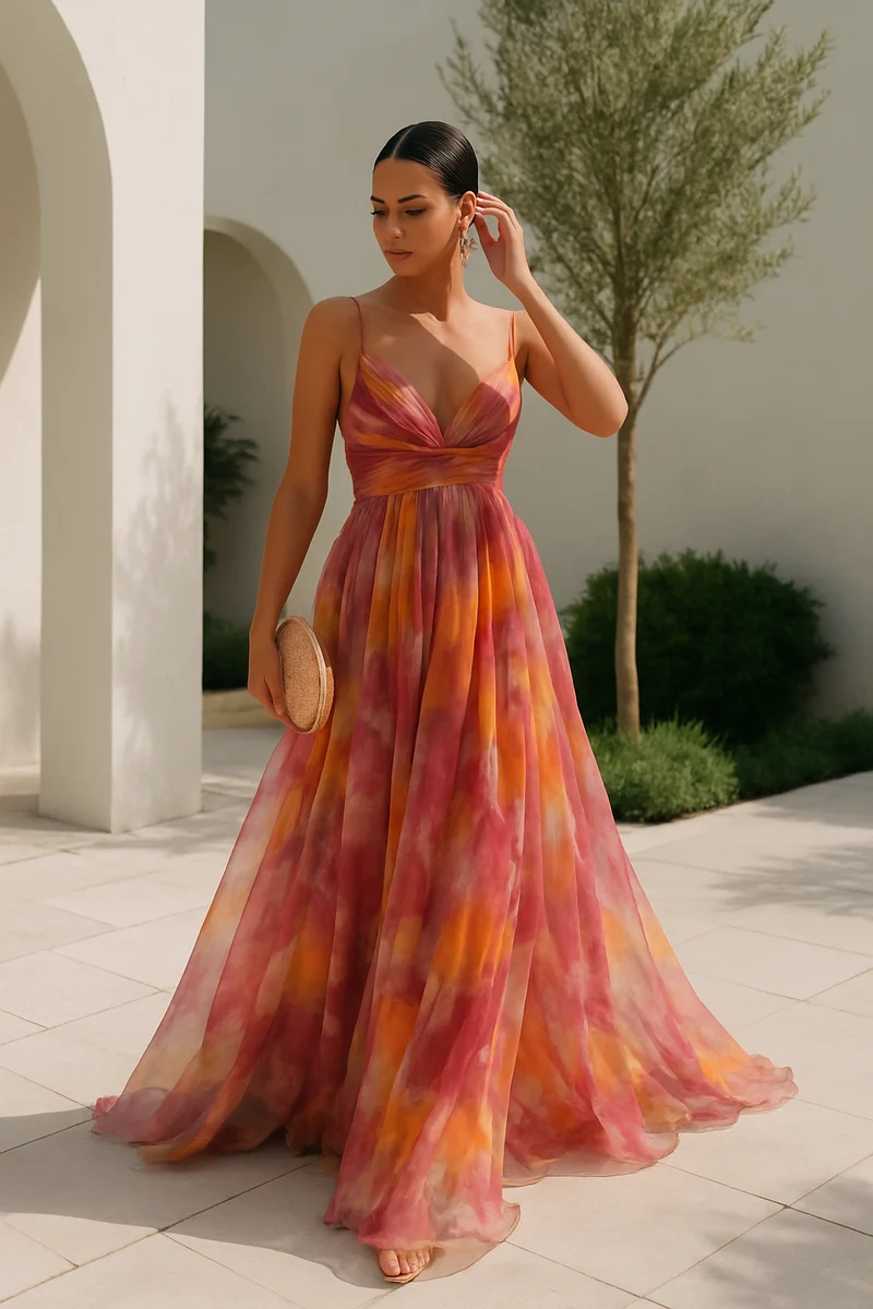 Meerkleurige maxi-jurk met V-hals voor dames