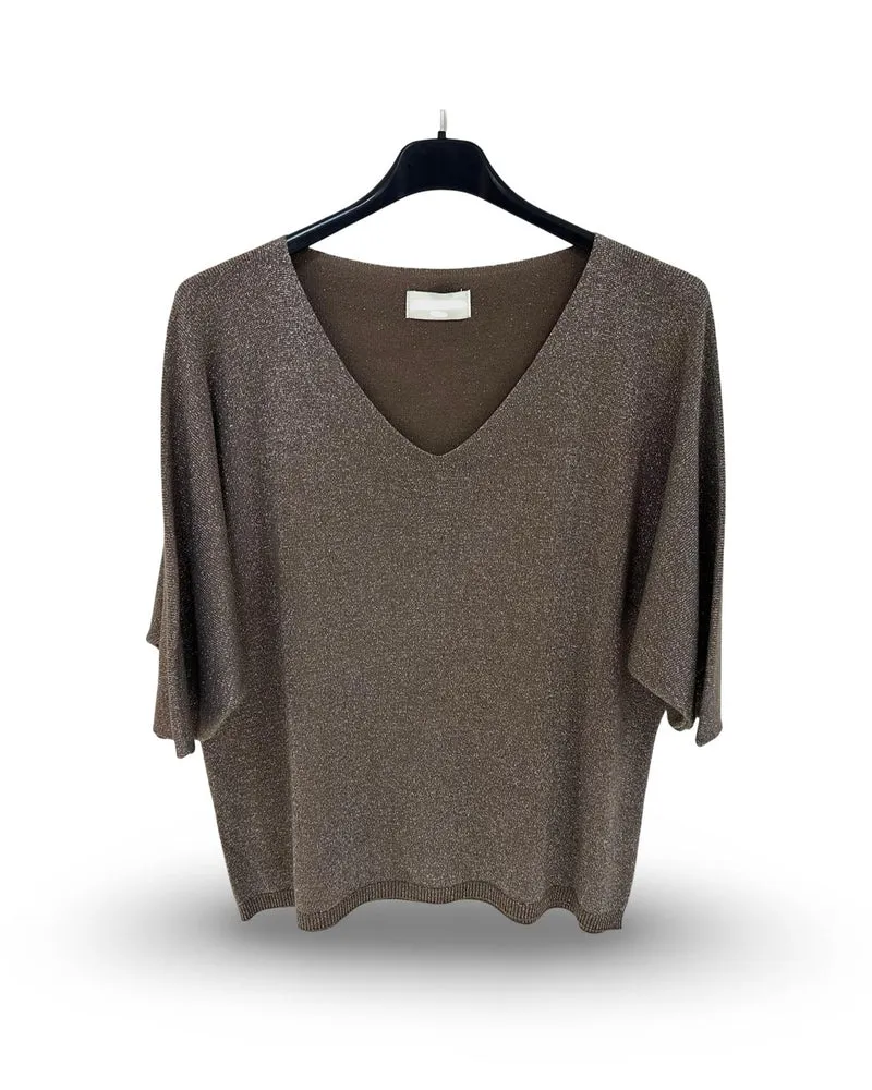 Oversized v hals trui met lurex details Donkerbruin