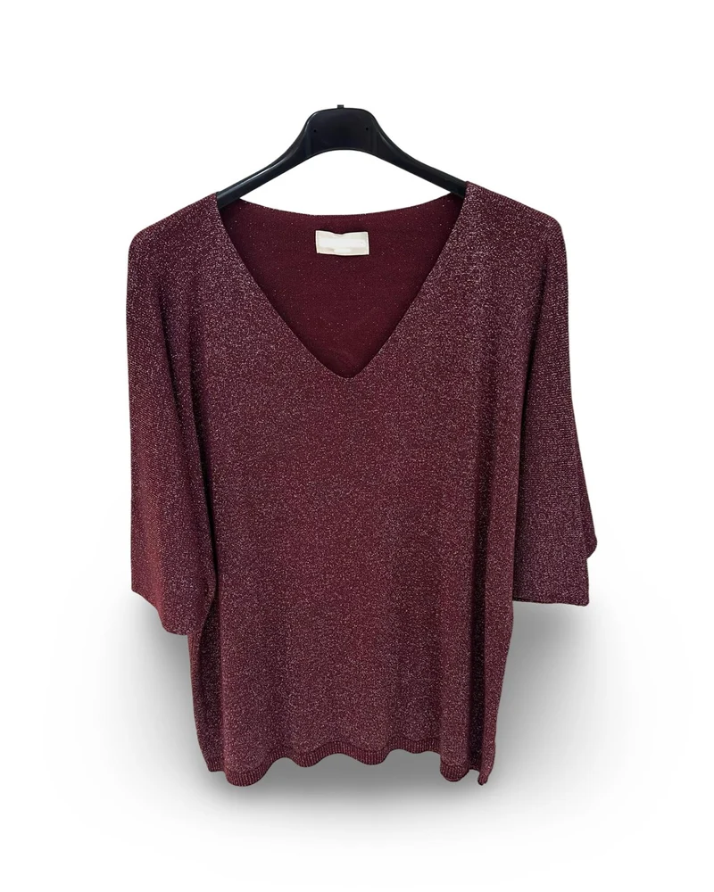 Oversized v hals trui met lurex details Bordeaux
