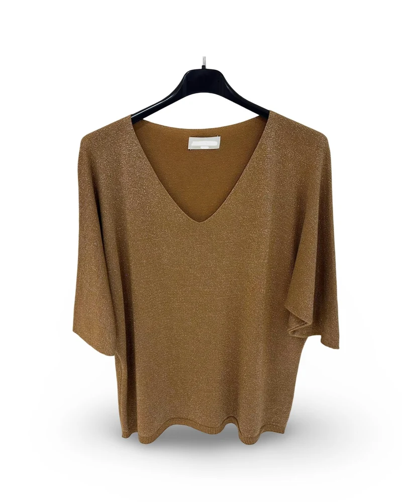 Oversized v hals trui met lurex details Camel