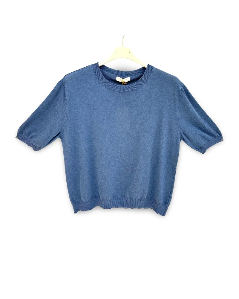 Katoenen trui/t-shirt met korte mouw en ronde hals Jeansblauw