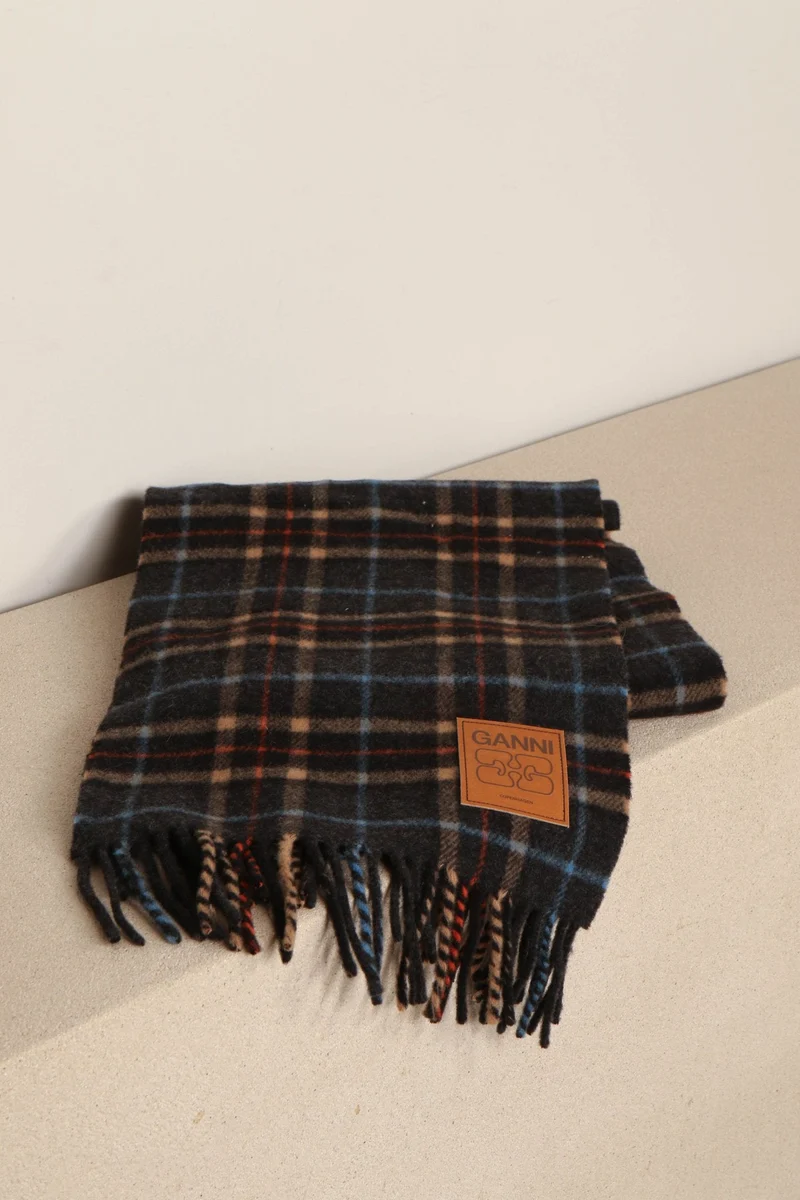 Ganni - Sjaal - Doublec Face Wool Check Scarf - Charcoal Grey