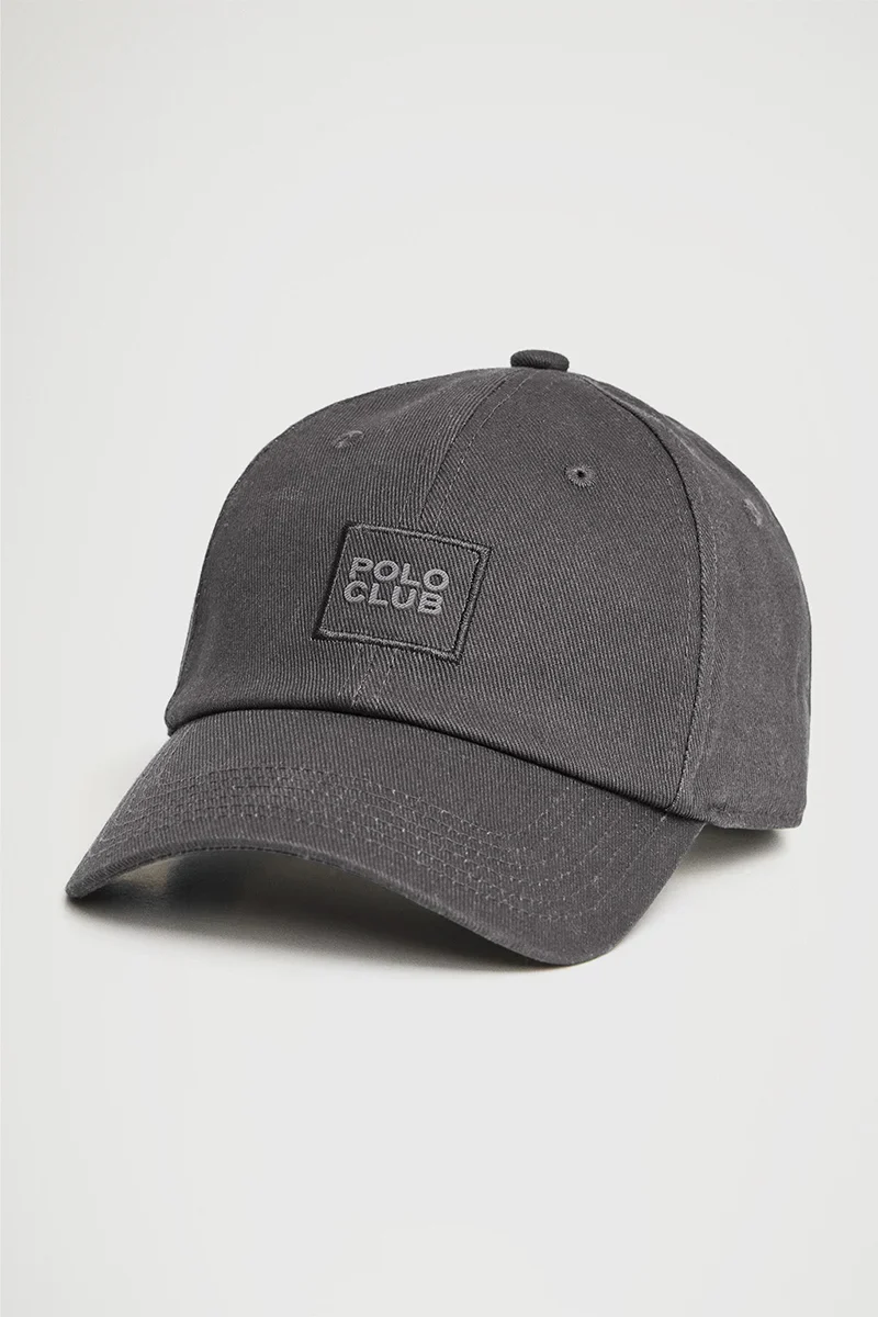 Gorra gris oscuro de seis paneles con logo Polo Club