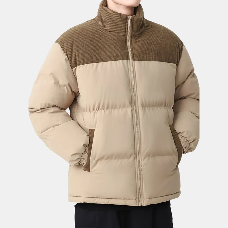 Beige Pufferjas met Corduroy Detail - Warme Regular Fit Herenjas - Ravento