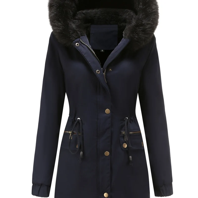 Dames parka jas | Lange winterjas met bontkraag en taillekoord