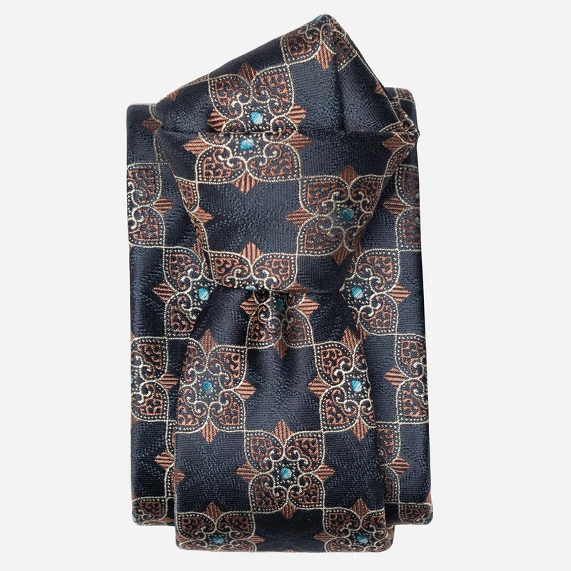 Amalfi - Silk Jacquard Tie - Navy and Copper Rose
