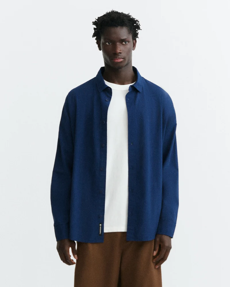 THINKING MU seersucker overhemd HARU NAVY biologisch katoen