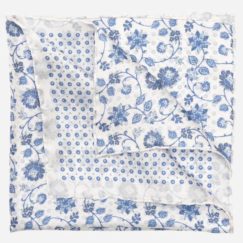 Nunzio - Double Sided Silk Pocket Square - White & Blue