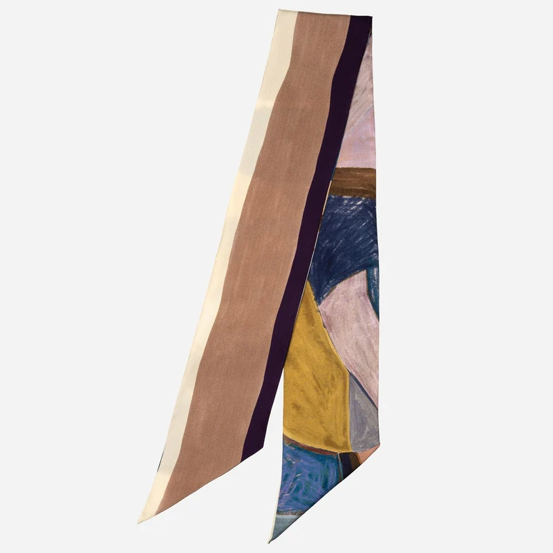 Lia - Skinny Silk Scarf - Blue and Tan