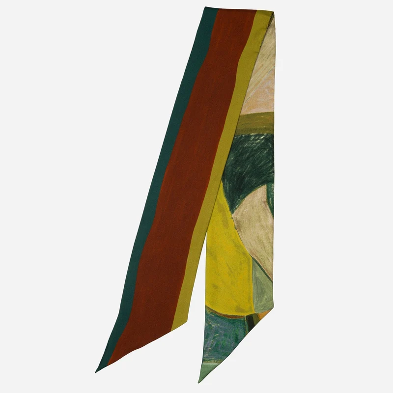 Lia - Skinny Silk Scarf - Green and Terracotta