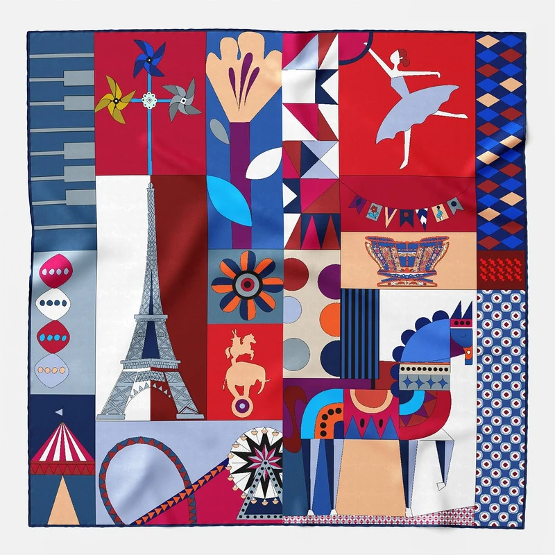 Parisian Carnival - Silk Foulard - Red and Blue