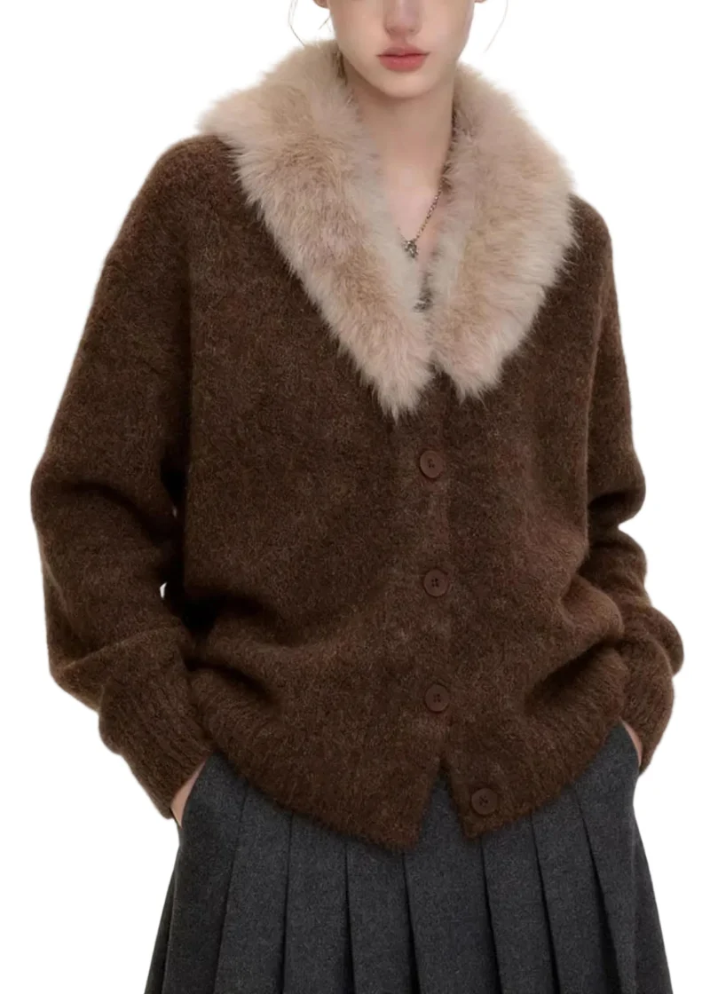 Dames Gebreide Jas Met Bontkraag Casual Herfststijl