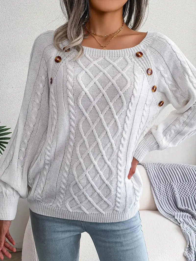 Women's Loose-Fitting Cable-Knit Sweater with Shoulder Buttons