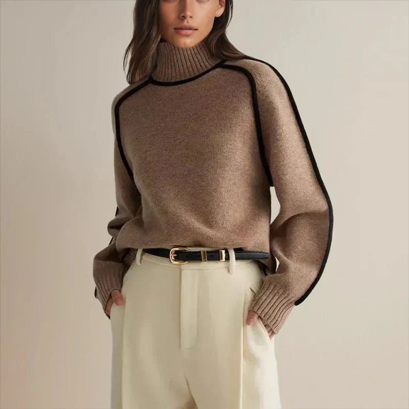 Women's Oversized Two-Tone Knitted Turtleneck Pullover