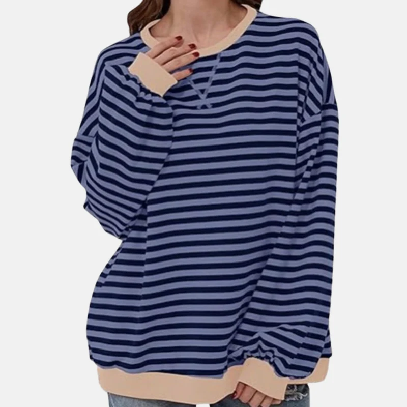 Women's Oversized Striped Sweatshirt with Round Neck and Long Sleeves
