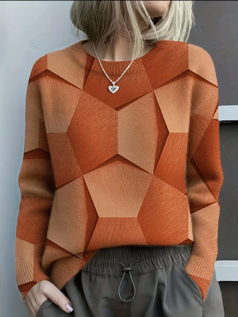Women's Geometric Print Round Neck Long Sleeve Knit Sweater