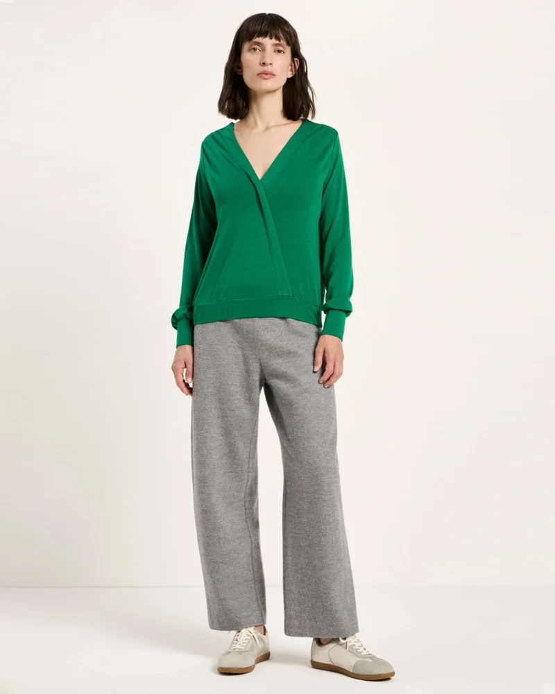 LANIUS wollen overslag blouse BENTE SMARAGD van pure merino wol