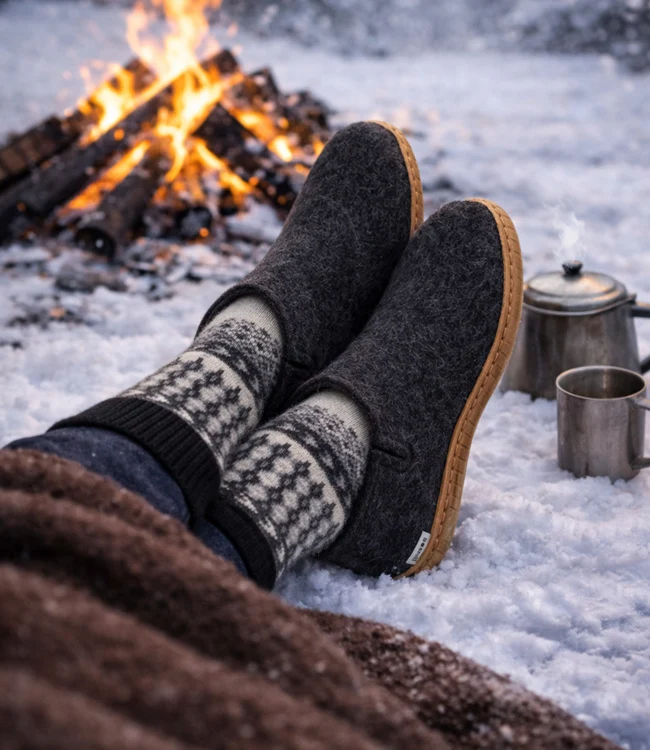 GLERUPS wollen sloffen pantoffels CHARCOAL RUBBER HONEY