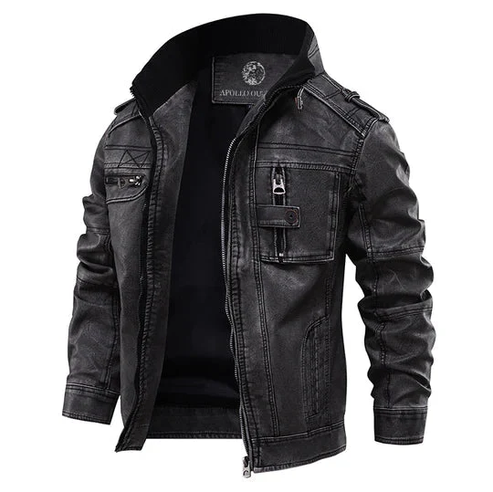 Men's Classic Leather Jacket with Lapel Collar Design