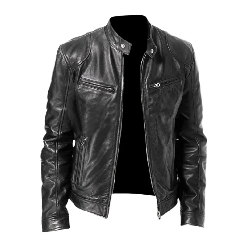 Men's Stylish Leather Jacket with Pockets and Zipper Closure