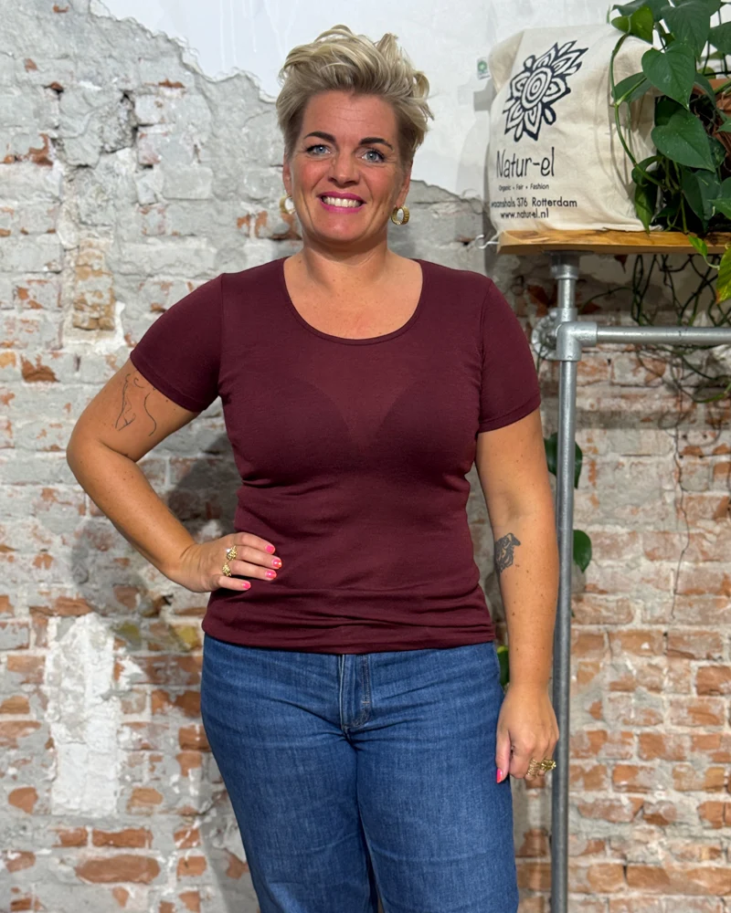 ENGEL Wol zijde shirt korte mouw dames BORDEAUX