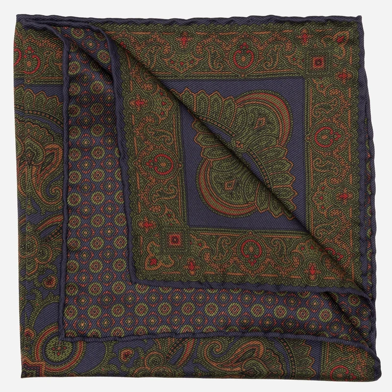 Lario - Double Sided Silk Pocket Square - Navy Green