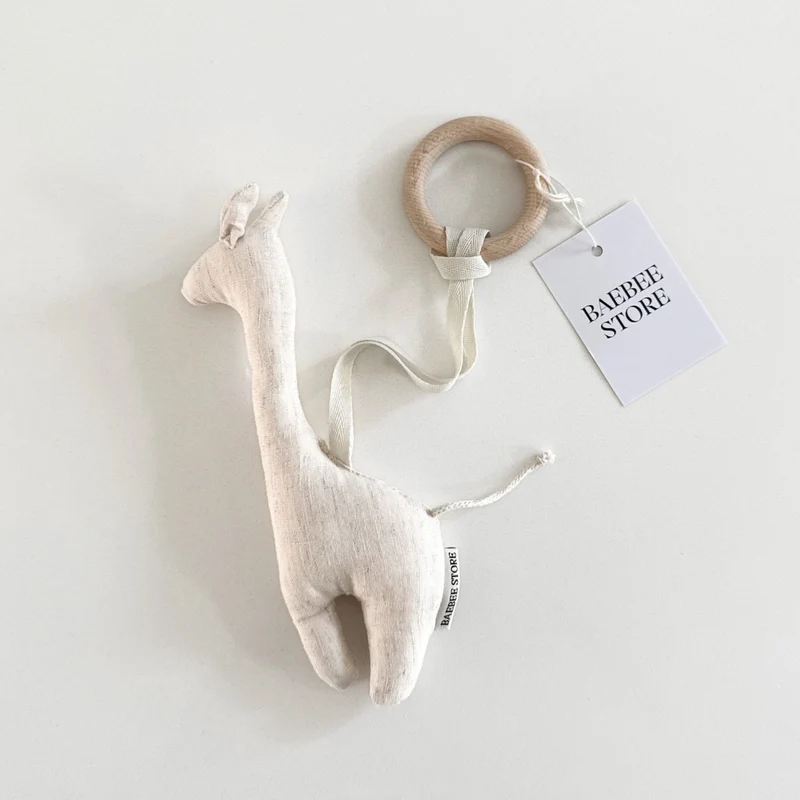 Linnen bijtring en speenkoord giraf beige