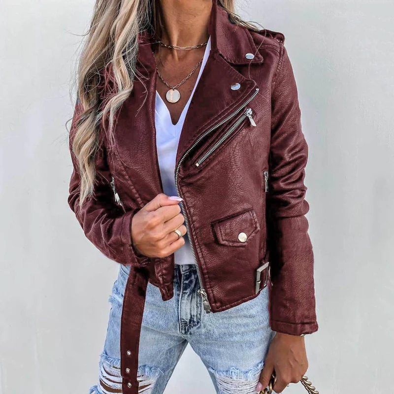 Women's Stylish Leather Jacket – Stand-Up Collar and Belted Design