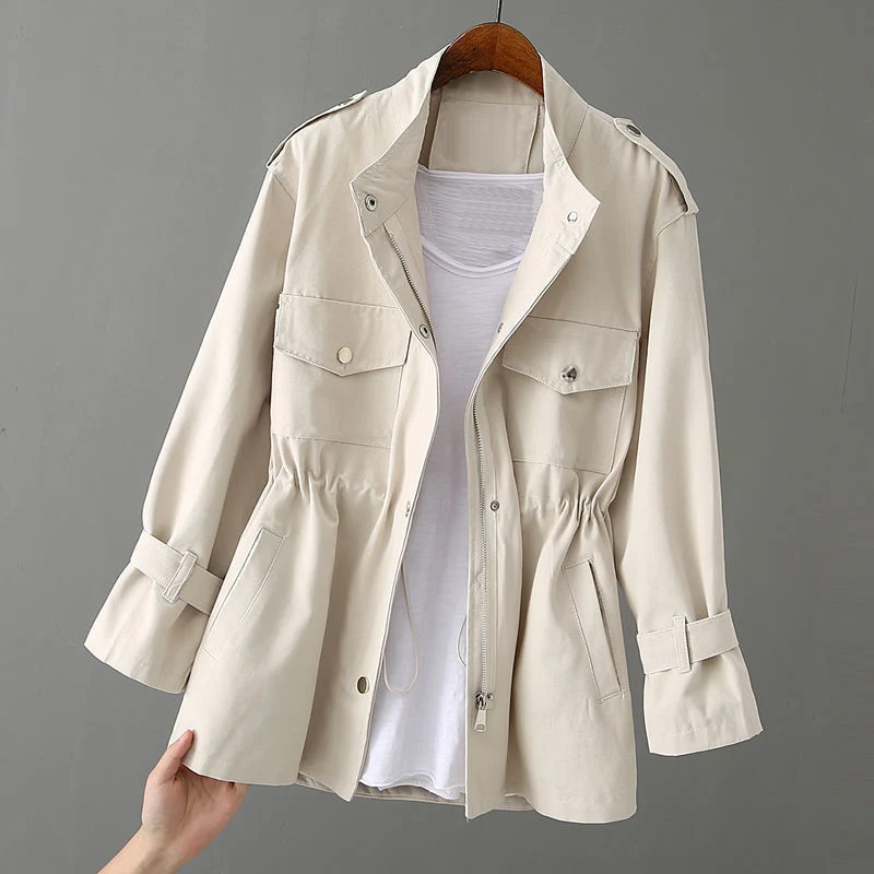 Women's Twill Utility Jacket with Upright Collar and Cargo Pockets