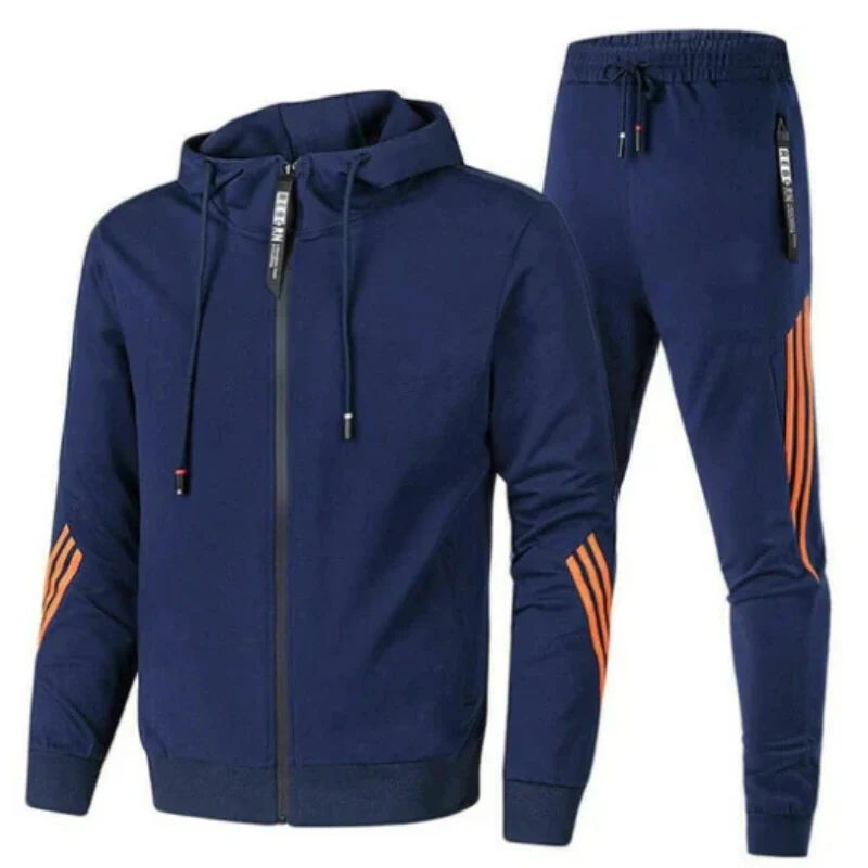 Men's Athletic Hooded Tracksuit Set with Stripes