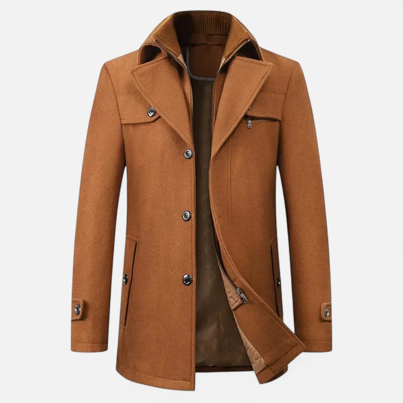 Men's Wool Trench Coat – Double Collar with Zipper Closure