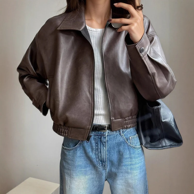 Women's Tailored Faux Leather Zip-Up Bomber Jacket