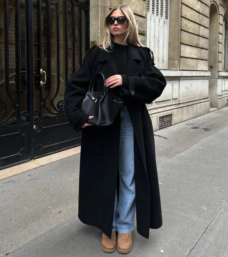Women's Stylish Double-Breasted Trench Coat with Belt and Lapel Collar