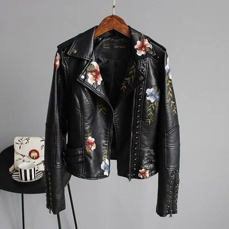 Women's Stylish Leather Biker Jacket with Floral Motifs and Studs