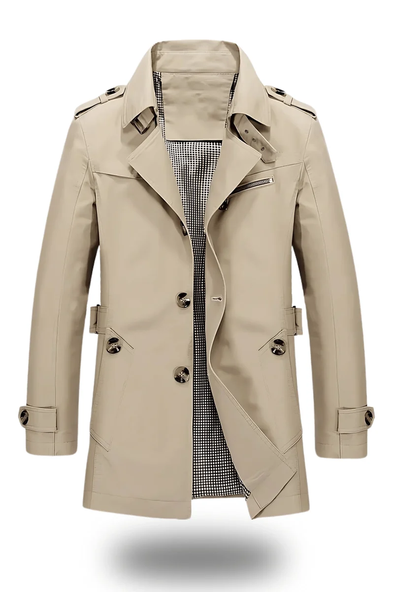 Men's Stylish Trench Coat – Turned-Down Collar, Regular Fit