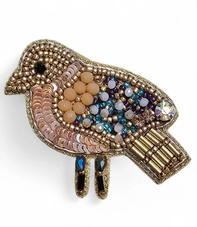FAIRTRADE broche BIRDIE BEIGE met pailetten en kralen