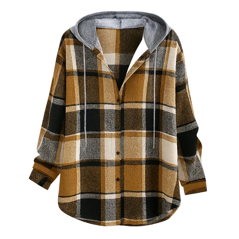 Oversized geruite jas voor dames met capuchon en knoopsluiting