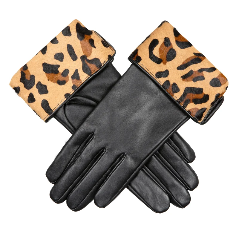 Dames gevoerde leren handschoenen met manchetten van kalfsleer met luipaardprint