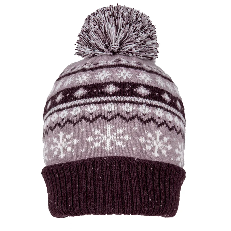 Dames Jacquard Fair Isle Gebreide Bobble Muts met Marl Garen en Gemengde Garen Pompon