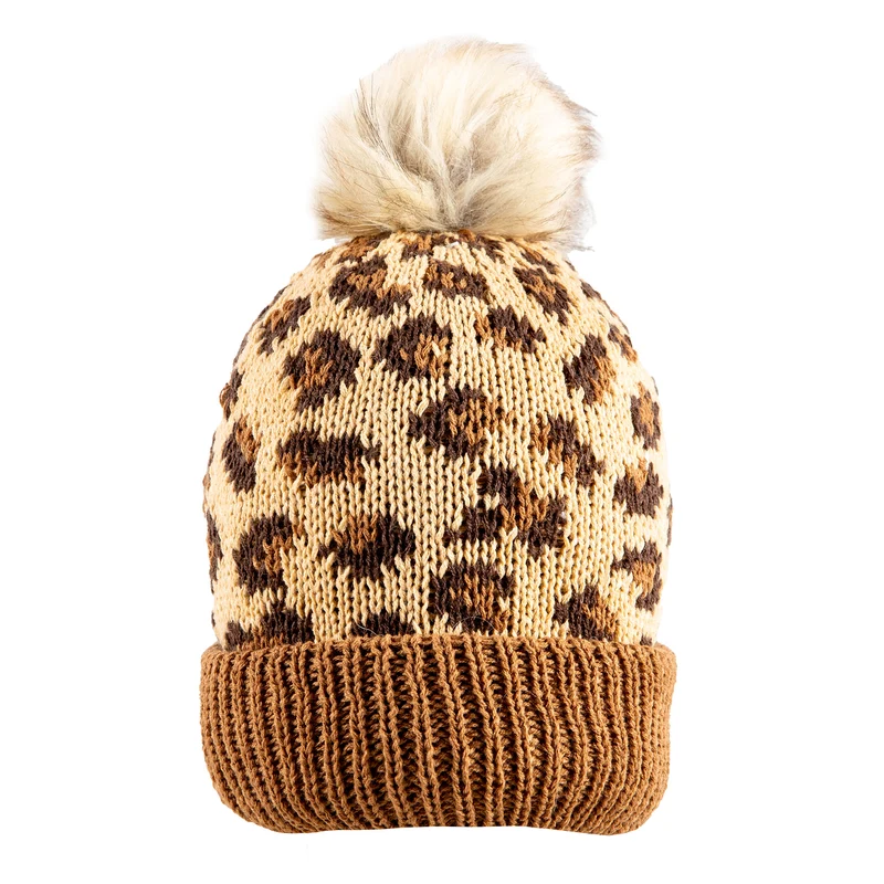 Jacquardgebreide damesbobblehoed met luipaardprint en pompon van imitatiebont