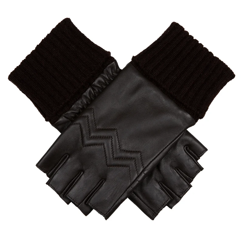 Dames vingerloze leren handschoenen met fleece voering en doorgestikt chevronpatroon